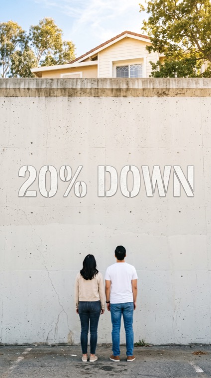 A couple stands in the shadow of a towering wall stamped 20% down