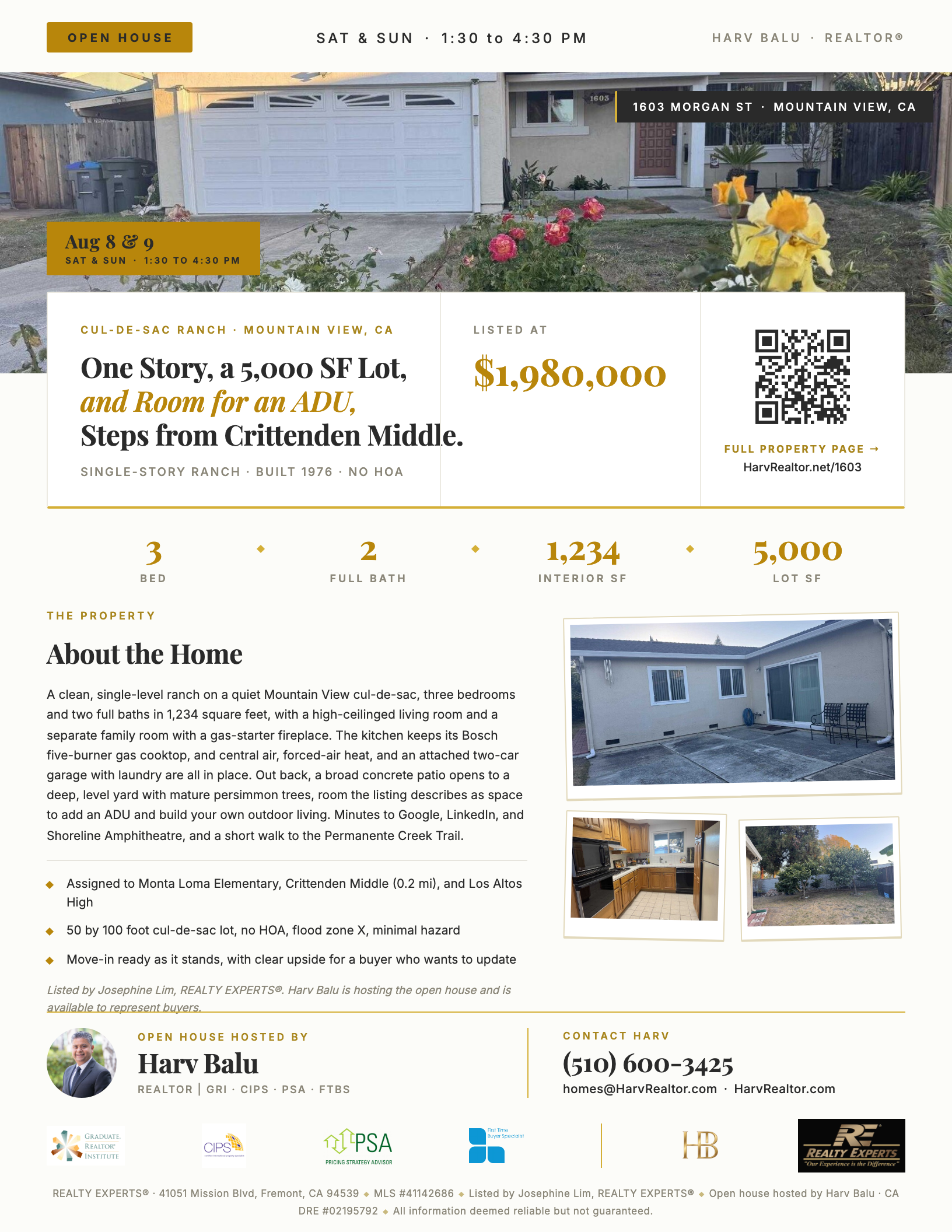 1603 Morgan St, Mountain View open house flyer, 3 bed 2 bath single story ranch listed at $1,980,000