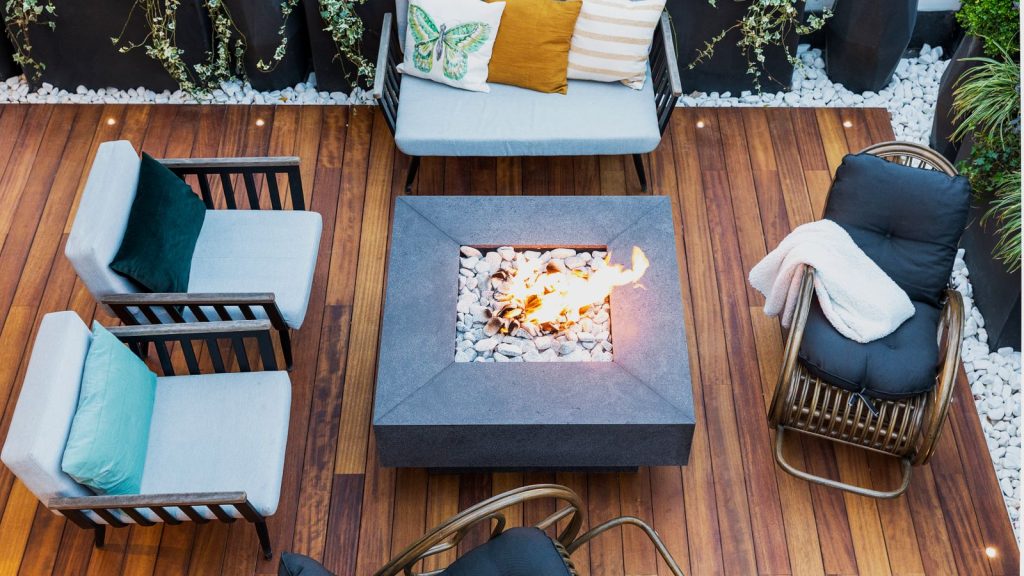 Modern composite deck viewed from above with outdoor furniture