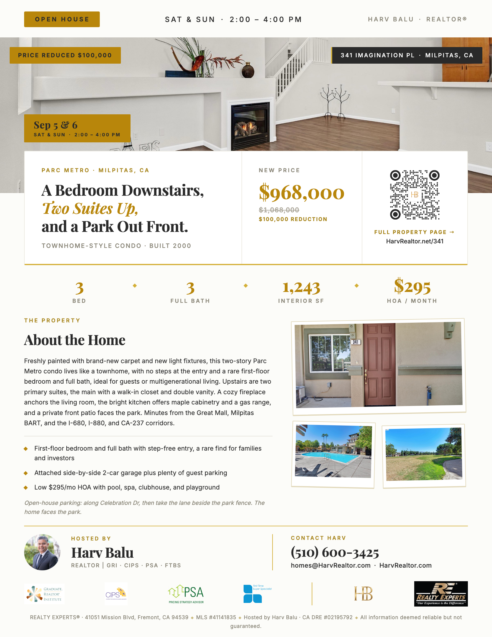 341 Imagination Pl, Milpitas open house flyer, Saturday and Sunday September 5 and 6, 2 to 4 PM, 3 bed 3 bath Parc Metro condo, $968,000