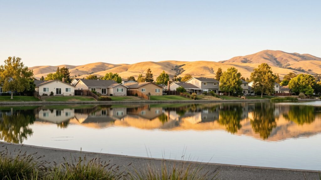 AI illustration of a Newark neighborhood lake at golden hour, with homes along the far shore and the gold hills and Mission Peak beyond