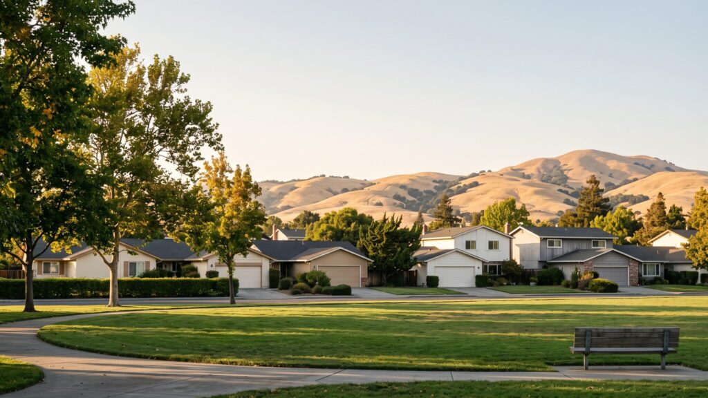 Golden-hour view across a neighborhood park lawn to a row of single-story and two-story homes in Newark, California, with the gold East Bay hills and Mission Peak beyond. AI illustration, not a photograph of any listing.