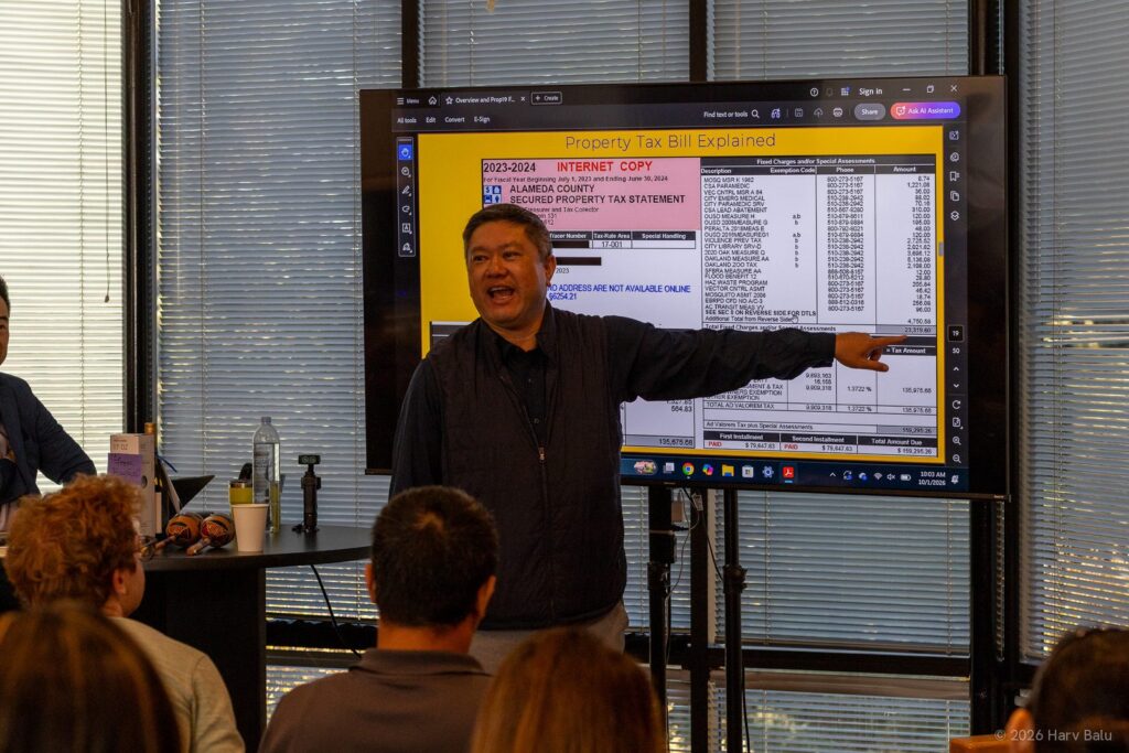 Phong La walks the room through a real Alameda County secured property tax statement. The 1% general tax is one line; the rest is voter-approved bonds and local charges.